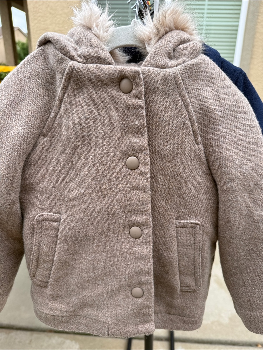 Zara Kids Tan Hooded Pea Coat with Faux Fur Trim